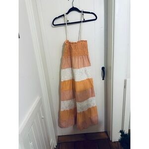 Envy Me Orange Gingham Lace Patchwork Maxi Dress Boho Festival Size M